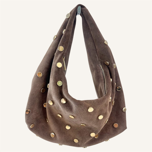 Borsa Mezza luna morbida TAUPE con borchie oro