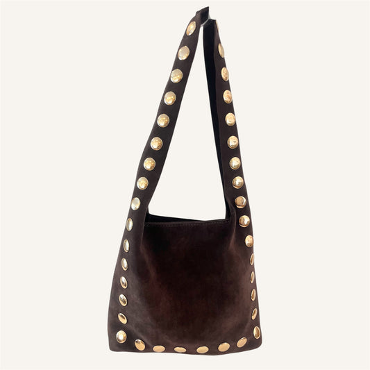Hobo bag MARRONE SCURO con borchie oro
